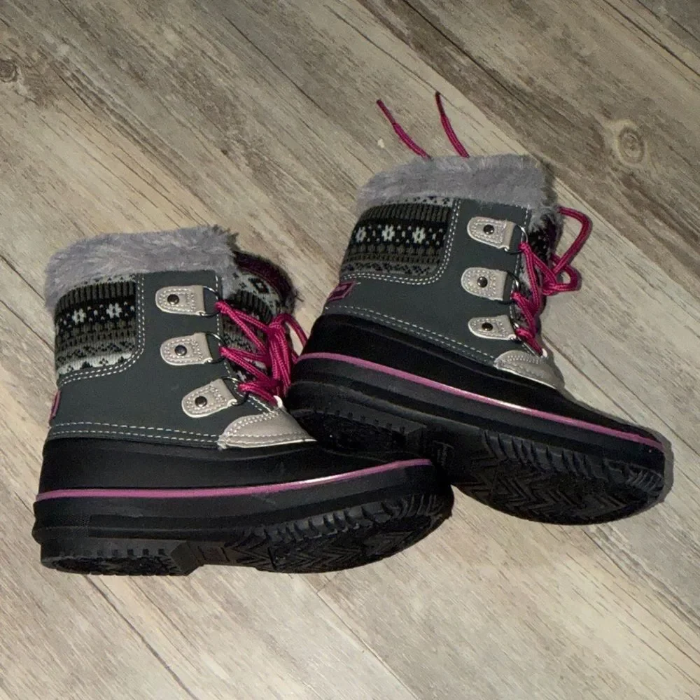 London Fog Gray and Pink Kids Waterproof Snow Boots